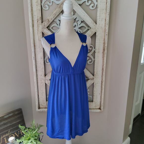 Cover Me Women's Sleeveless V-Neck Elastic Waist Swimsuit Coverup in Blue - Picture 1 of 7